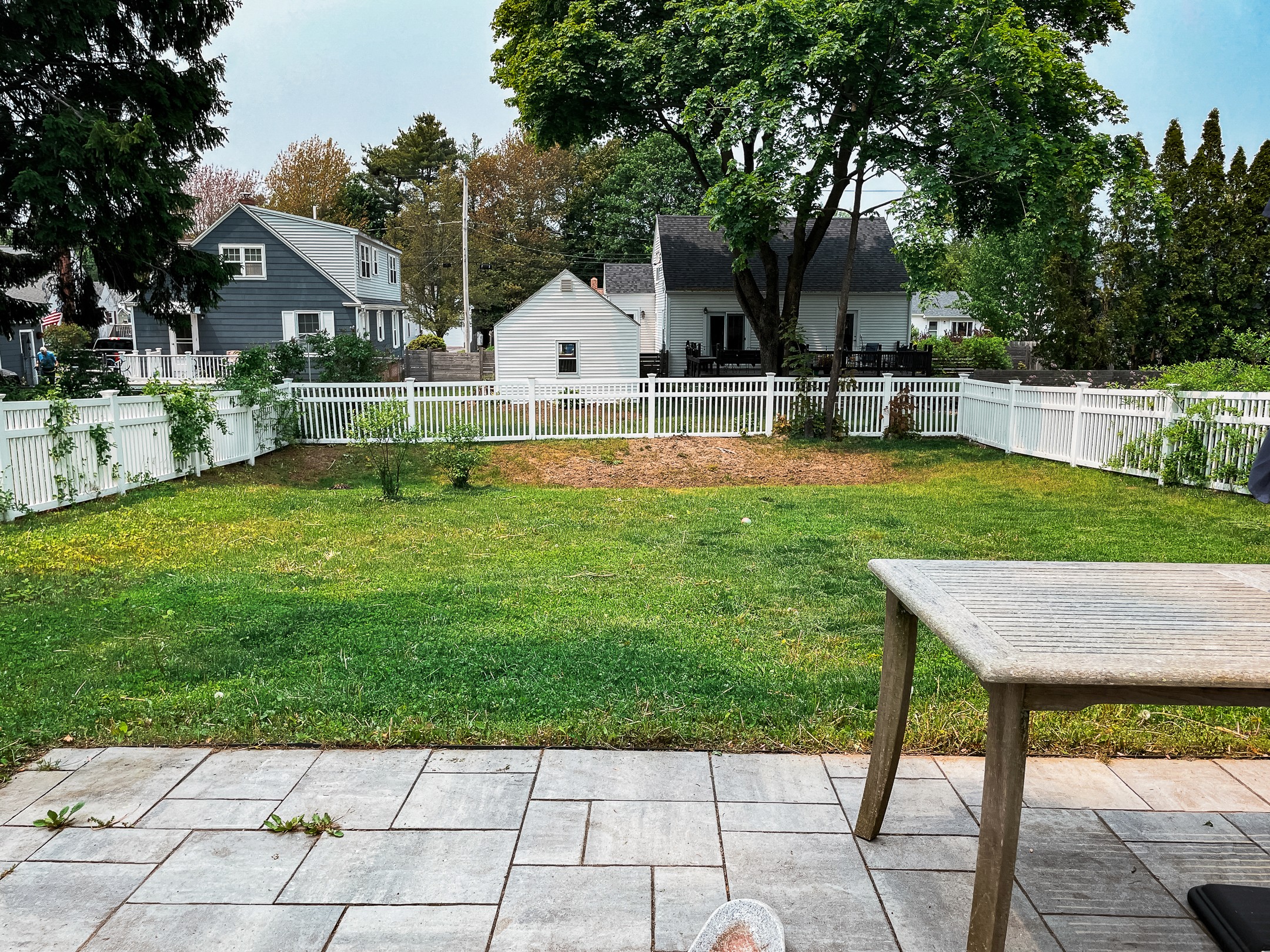 Manicured backyard with clean edges along fence and patio